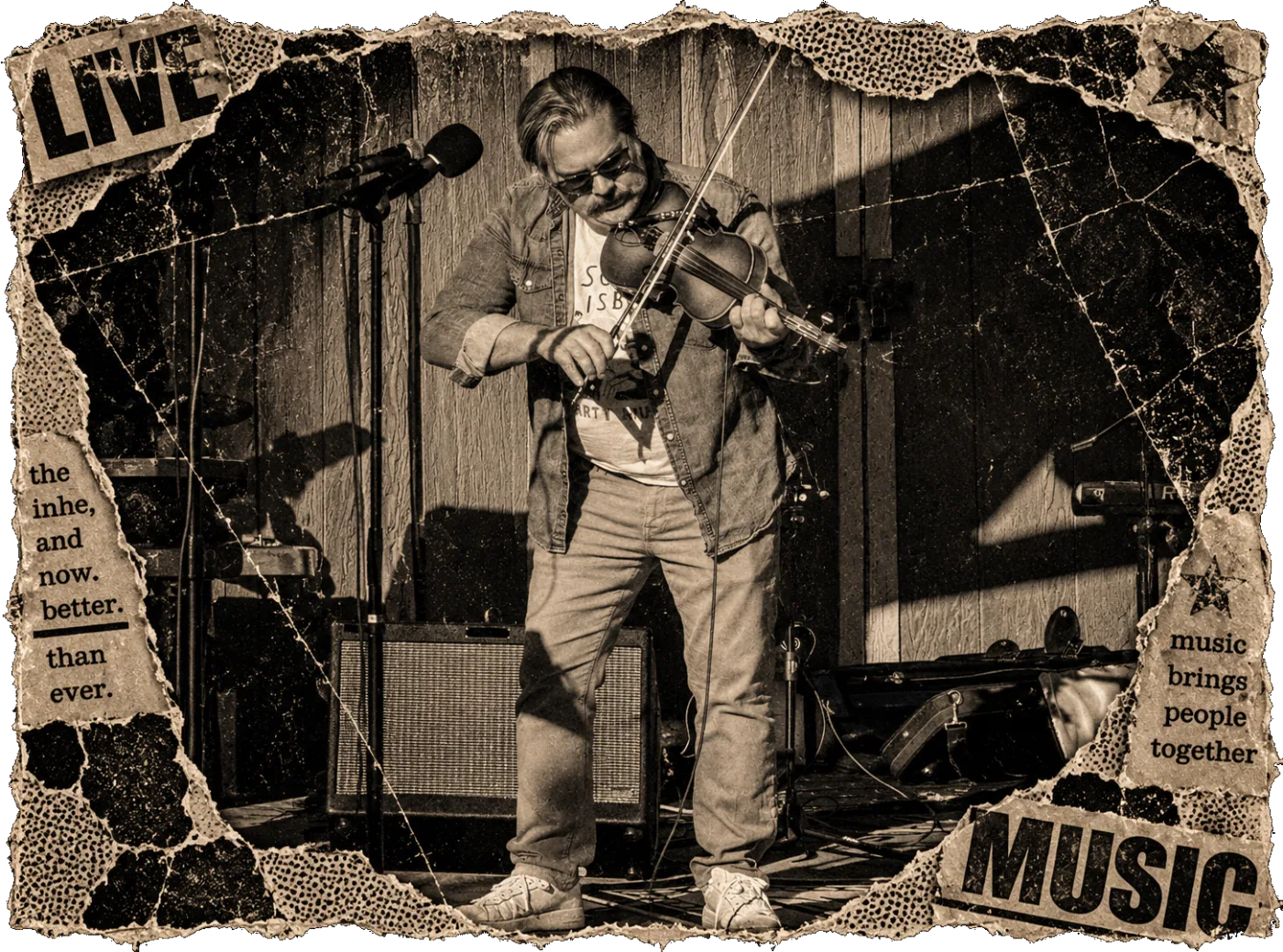 The fiddle player bowing hard in front of the shed at Dowdell&rsquo;s Pre-Halloween Bash